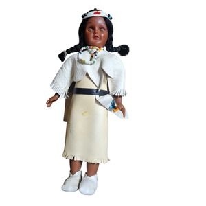 Vintage 1940s Native American Doll 7.5" Beaded Buckskin Dress Sleep Eyes Kitsch